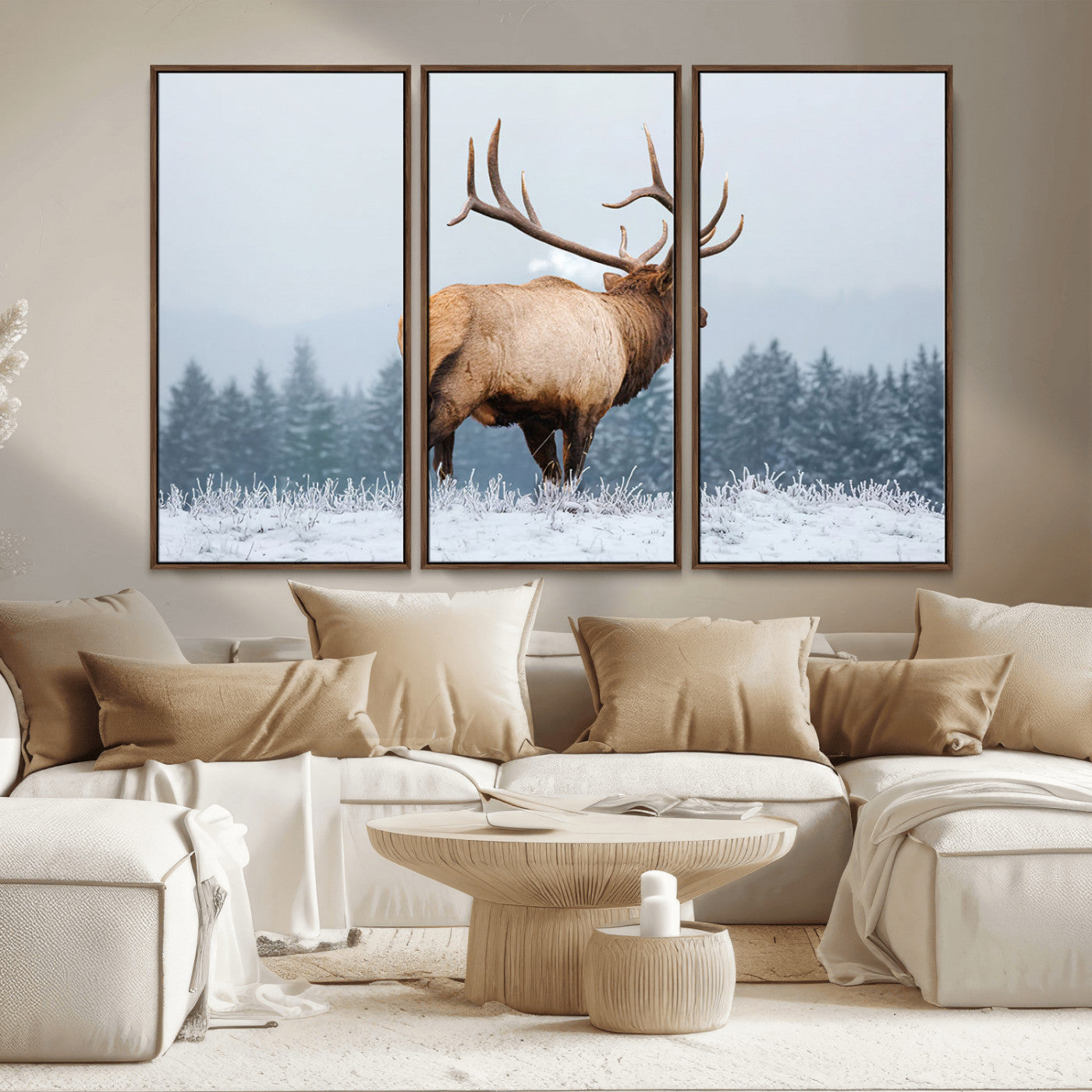 85177251-MGV-CV-36X24-Elk Wall Art – Majestic Wildlife Canvas Print of Bull Elk Snowy Forest, Rustic Nature Decor for Living Room, Cabin, or Office