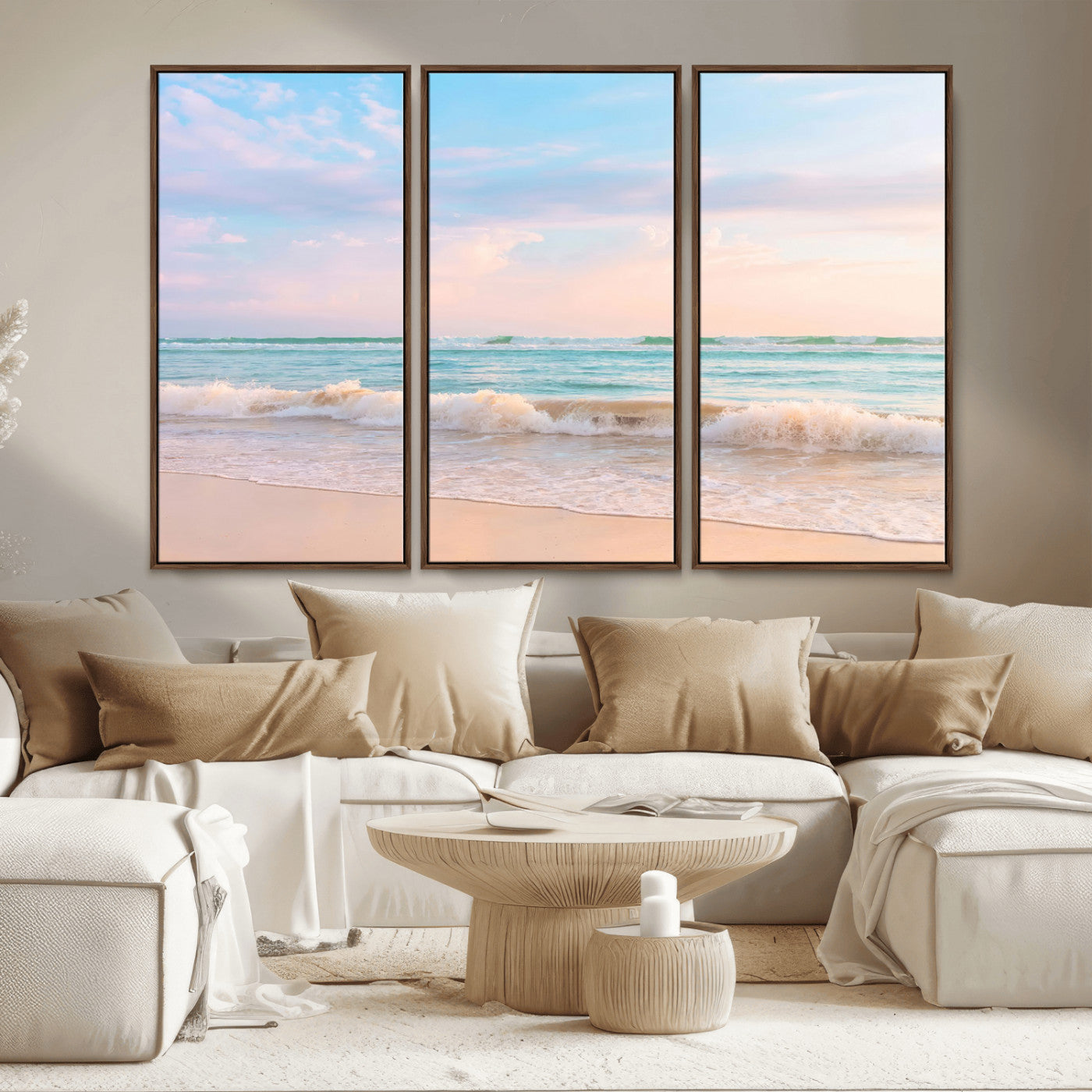 88024944-MGV-CV-36X24-Beach Landscape Wall Art – Coastal Ocean Canvas Print with Gentle Waves and Pastel Sky, Serene Seascape Photography for Living