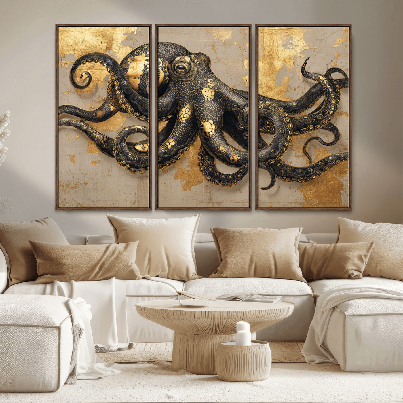 57944271-MGV-CV-36X24-Octopus Wall Art – Black and Gold Nautical Canvas Print, Modern Ocean Inspired Artwork with Elegant Detailing, Coastal Marine
