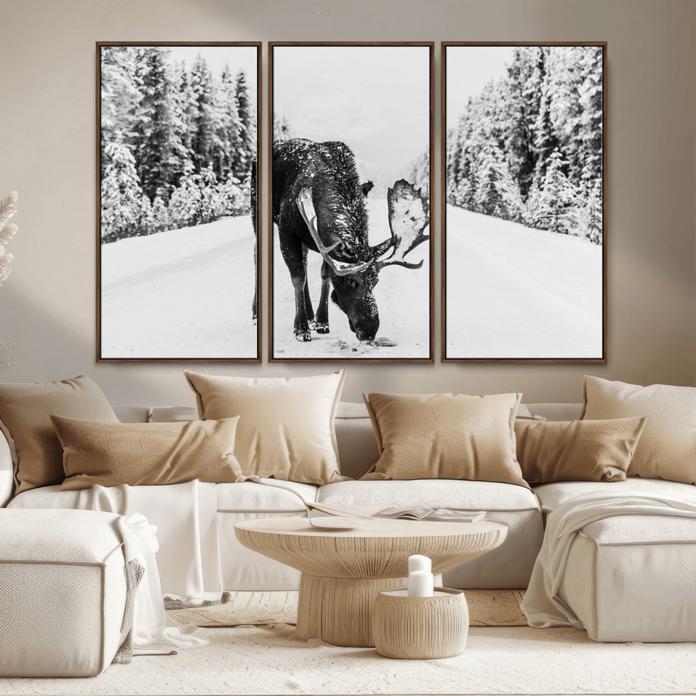 38956835-MGV-CV-36X24-Moose Wall Art – Black and White Wildlife Canvas Print with Snowy Forest Road, Rustic Nature Photography for Cabin, Lodge, Living
