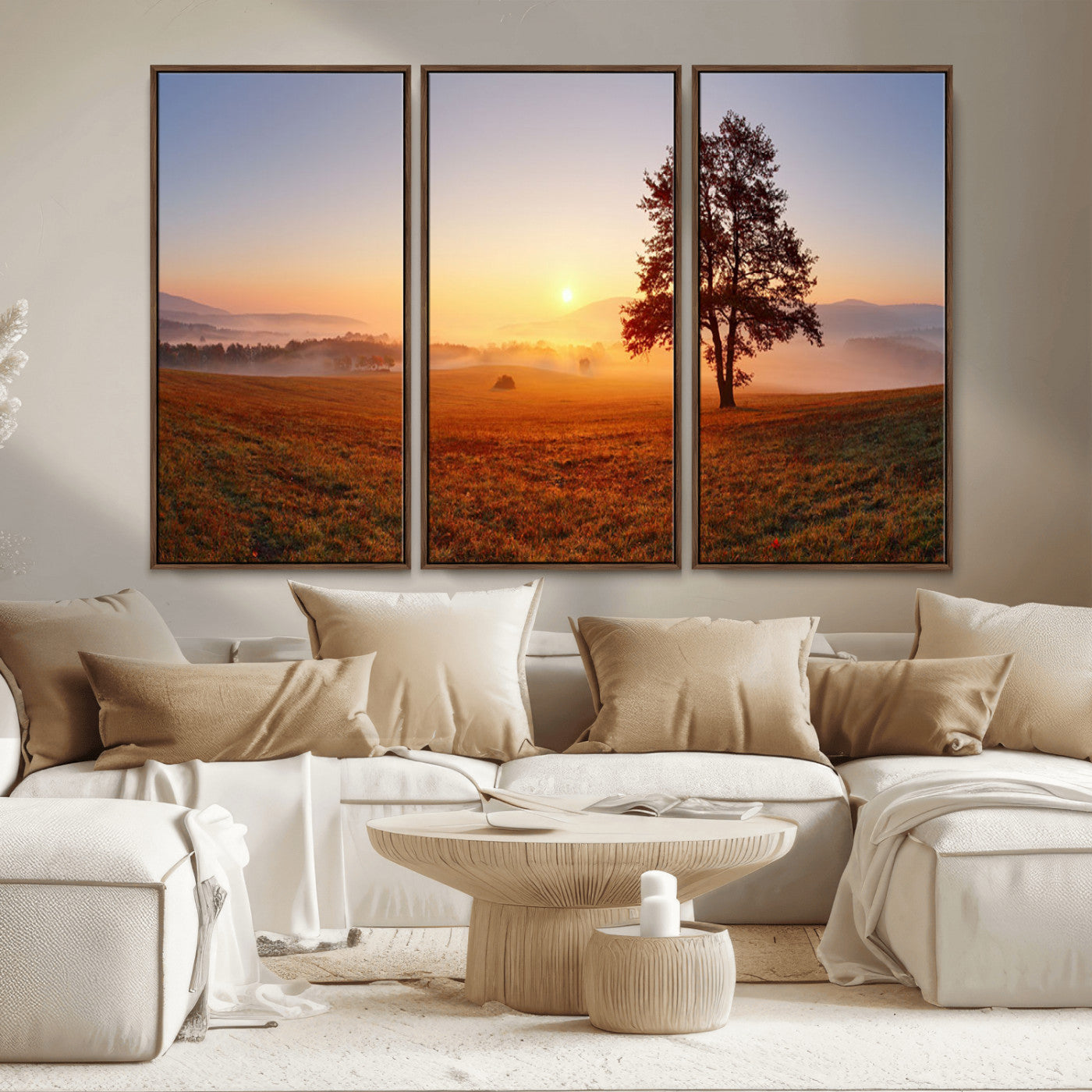 57919623-MGV-CV-36X24-Golden Sunrise Landscape Canvas Wall Art - Framed Misty Field Print, Large Nature Canvas for Living Room, Office, or Home Decor