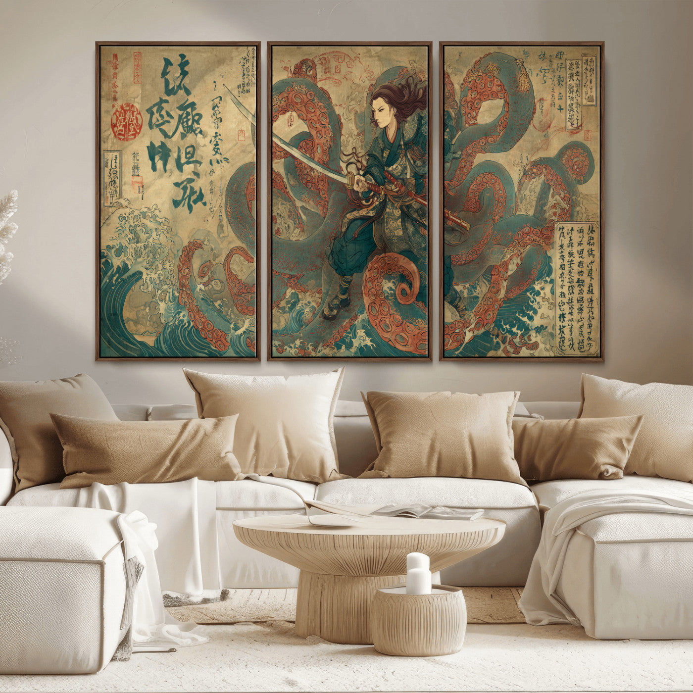98593115-MGV-CV-36X24-Tsukioka Yoshitoshi Samurai Wall Art Print, Japanese Katana Warrior Canvas Wall Art, Octopus Sea Monster Canvas Print,