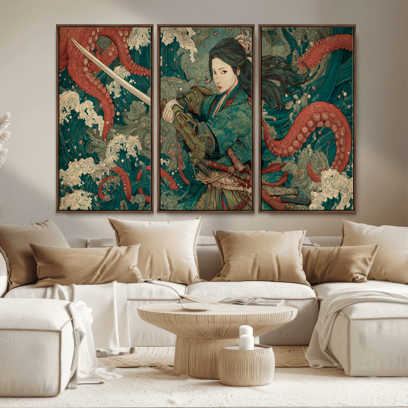 35461724-MGV-CV-36X24-Samurai Woman vs Octopus Wall Art – Japanese Ukiyo-e Ocean Waves Canvas Print, Red Tentacle Battle Artwork for Living Room,