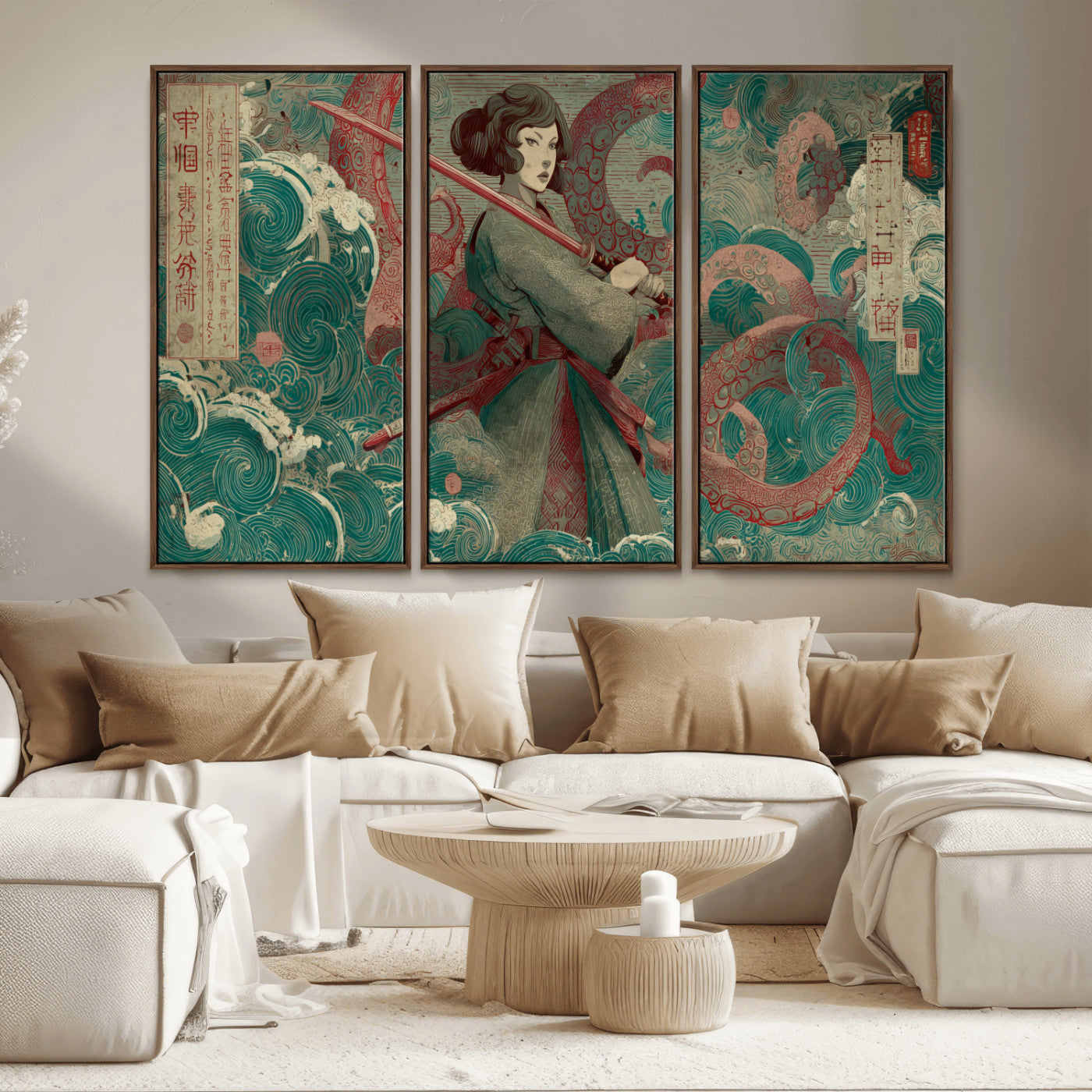 91666601-MGV-CV-36X24-Samurai Woman vs Octopus Wall Art – Japanese Ukiyo-e Green Robe Canvas Print, Ocean Battle Artwork for Living Room, Office, Man