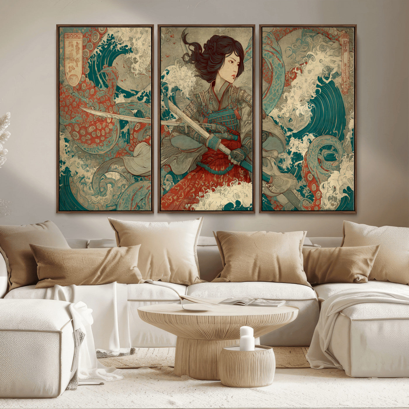 37797255-MGV-FC-48X32-3P_Walnut-Samurai Woman vs Octopus Wall Art – Japanese Ukiyo-e Red Armor Ocean Battle Canvas Print, Warrior Artwork for Living Room, Office,