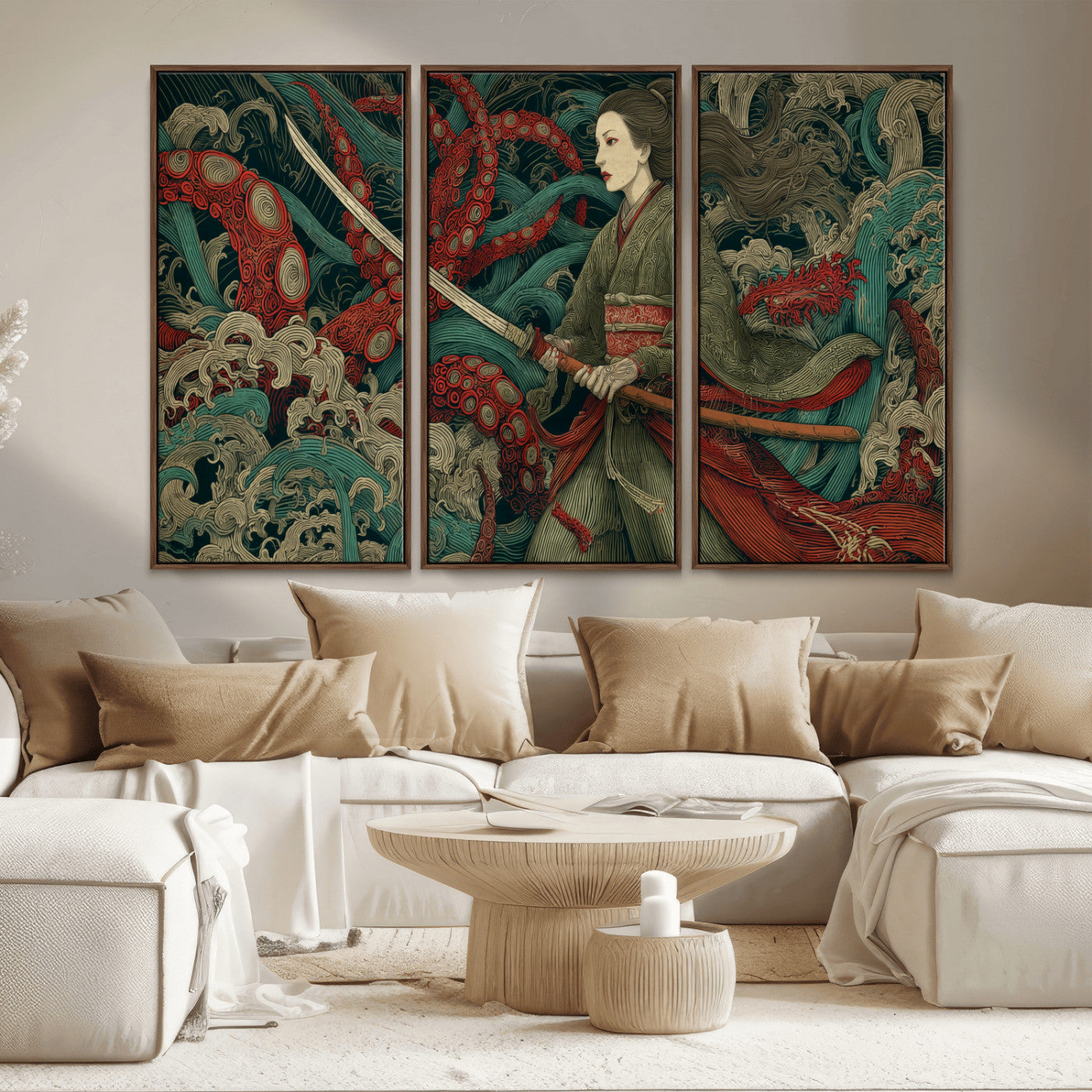 18902796-MGV-CV-36X24-Samurai Woman vs Octopus Wall Art – Japanese Ukiyo-e Green Kimono Canvas Print, Ocean Battle Scene Artwork for Living Room,