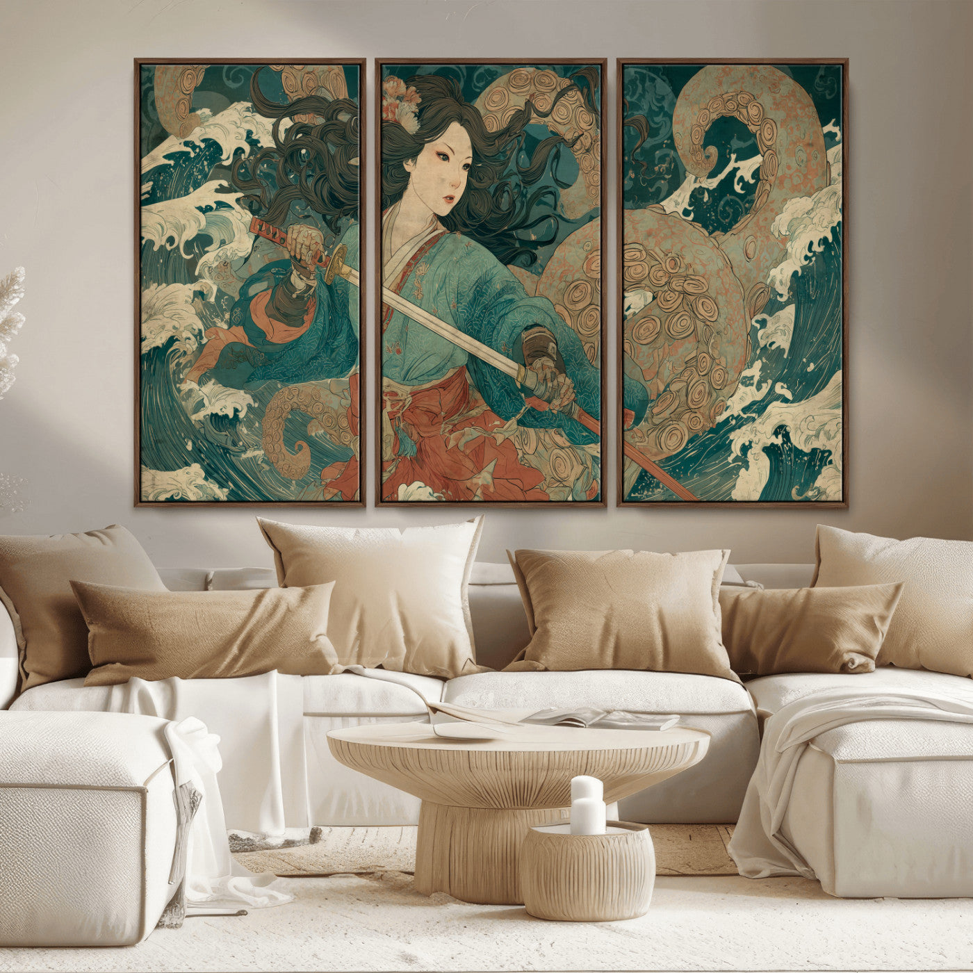 79740258-MGV-CV-36X24-Tsukioka Yoshitoshi Samurai Wall Art Print, Japanese Katana Warrior Canvas Wall Art, Octopus Sea Monster Canvas Print,