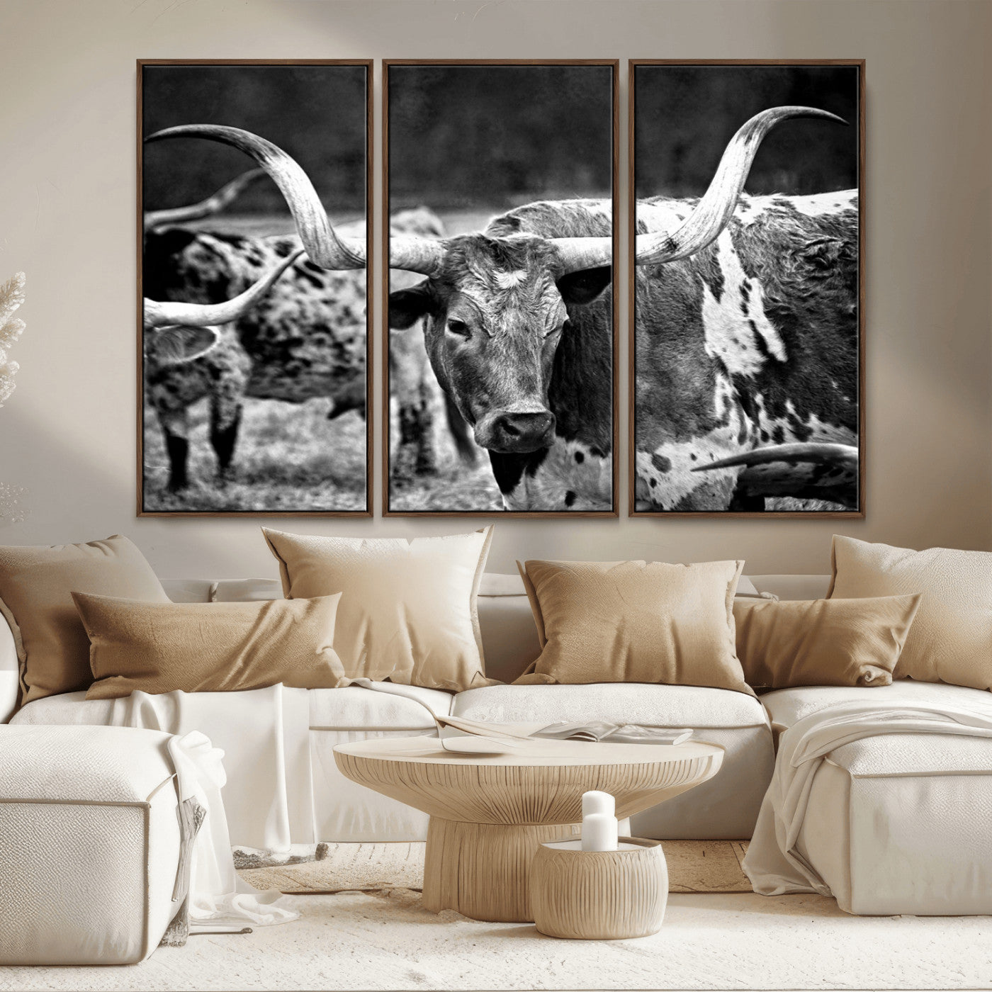 15425553-MGV-CV-36X24-Western Wall Art – Longhorn Cattle Black and White Canvas Print, Rustic Ranch Photography Decor for Bedroom, Living Room, Office,
