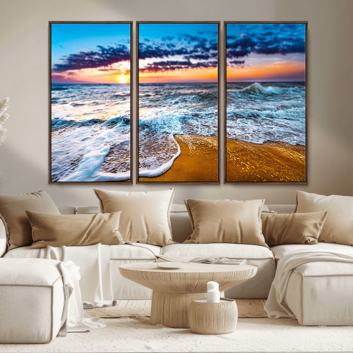 24077769-MGV-CV-36X24-Sunset Beach Wall Art – Ocean Waves Canvas Print, Golden Shoreline Photography Coastal Decor for Living Room, Bedroom, Office,