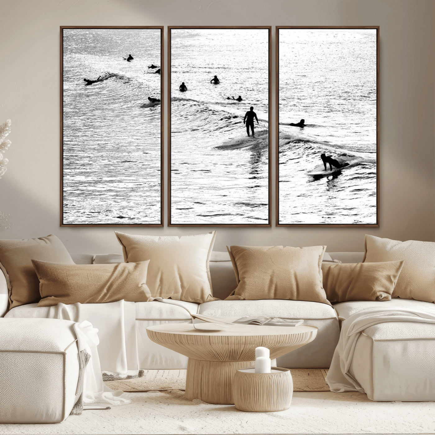 68018616-MGV-FC-48X32-3P_Walnut-Black and White Surf Photography Print – Minimalist Ocean Wall Art, Surfers Riding Waves, Coastal Beach Decor for Modern Home or