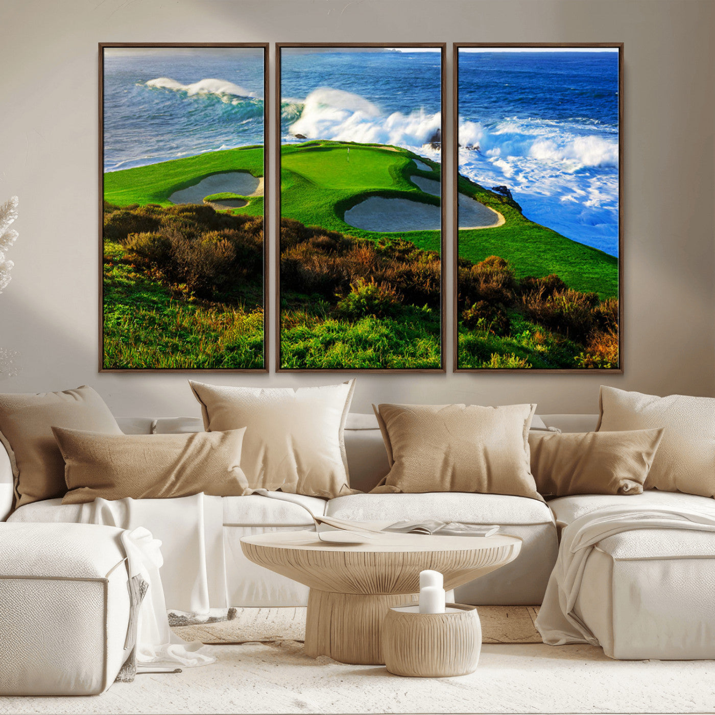 34181847-MGV-CV-36X24-Coastal Golf Course Wall Art – Panoramic Ocean Fairway Canvas Print, Scenic Sports Photography Decor for Office, Man Cave, Living
