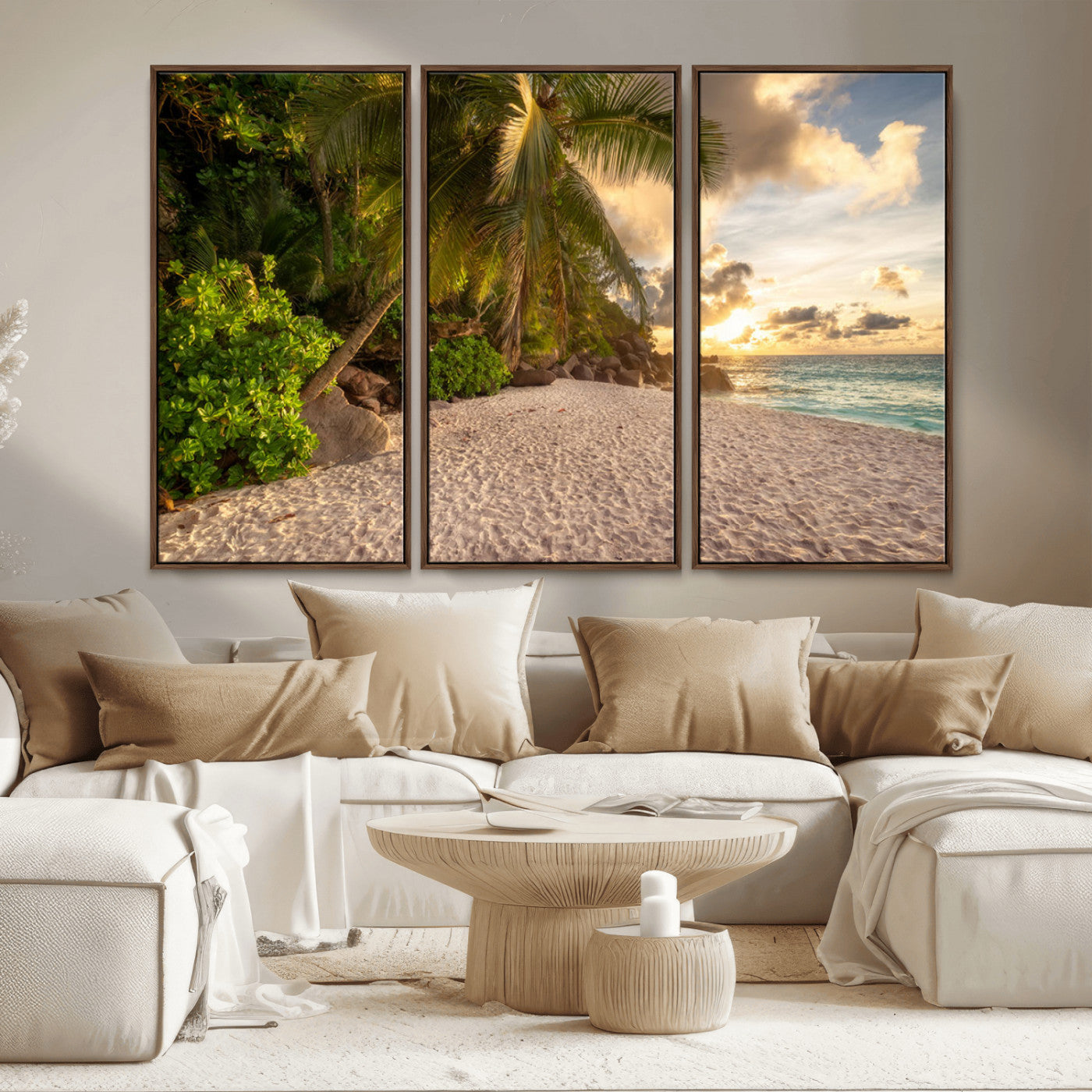 89531159-MGV-CV-36X24-Tropical Beach Sunset Canvas Wall Art – Palm Trees Golden Sand Ocean Waves Coastal Paradise Print for Beach House Bedroom Bathroom