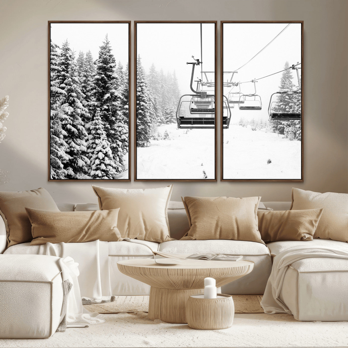 49274-MGV-CV-36X24-Snowy Forest Wall Art Canvas Print, Framed Ski Lift Art Picture Print, Mountain Snow Perfect Minimal Winter Lodge Decor Artwork