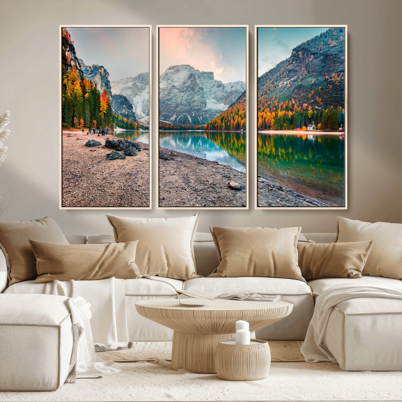 25982-MGV-CV-36X24-Autumn Mountain Lake Wall Art – Panoramic Fall Foliage and Snowy Peaks Canvas Print, Scenic Nature Decor for Living Room or Office