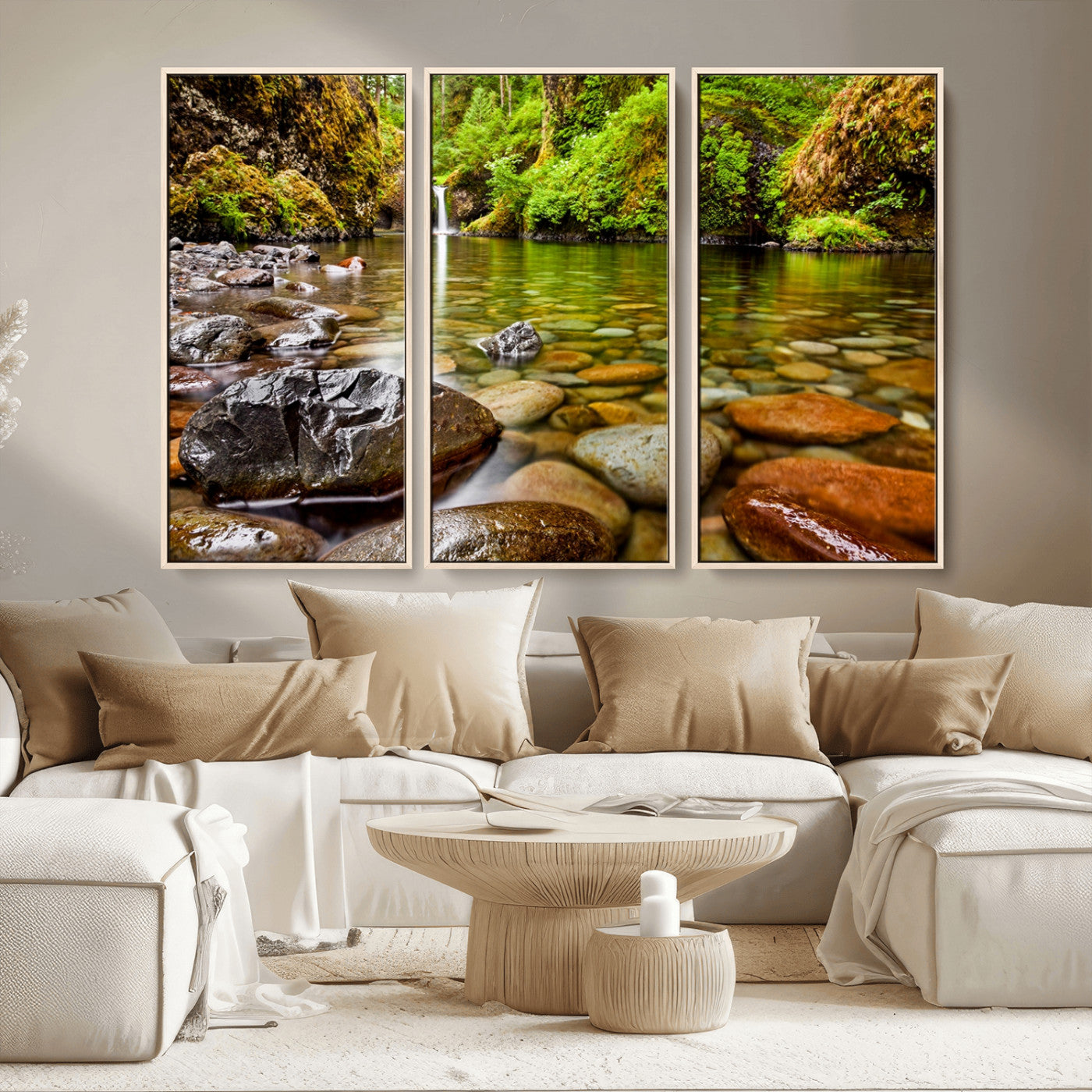 98096-MGV-FC-48X32-3P_Natural-Serene River Waterfall Nature Photo – Calm Clear Water, Vibrant Green Forest and Smooth Stones Landscape Wall Art for Home or