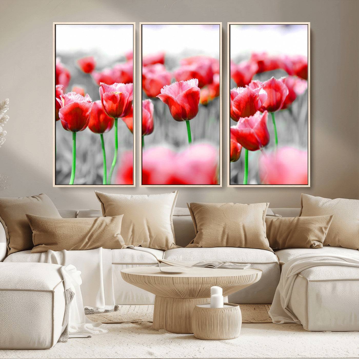 44554-MGV-CV-36X24-Vibrant red tulips stand out beautifully against a black-and-white background, making a striking decor piece perfect for any home