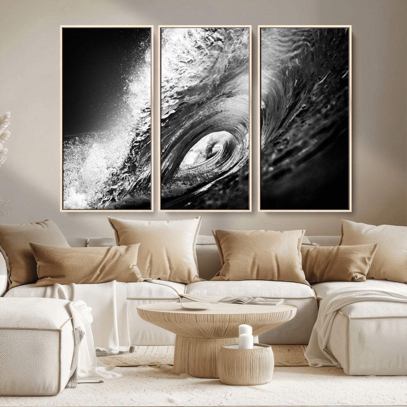 22702-MGV-CV-36X24-Black and White Ocean Wave Wall Art – Powerful Surf Curl Photography Canvas Print, Modern Coastal Decor for Living Room, Office or