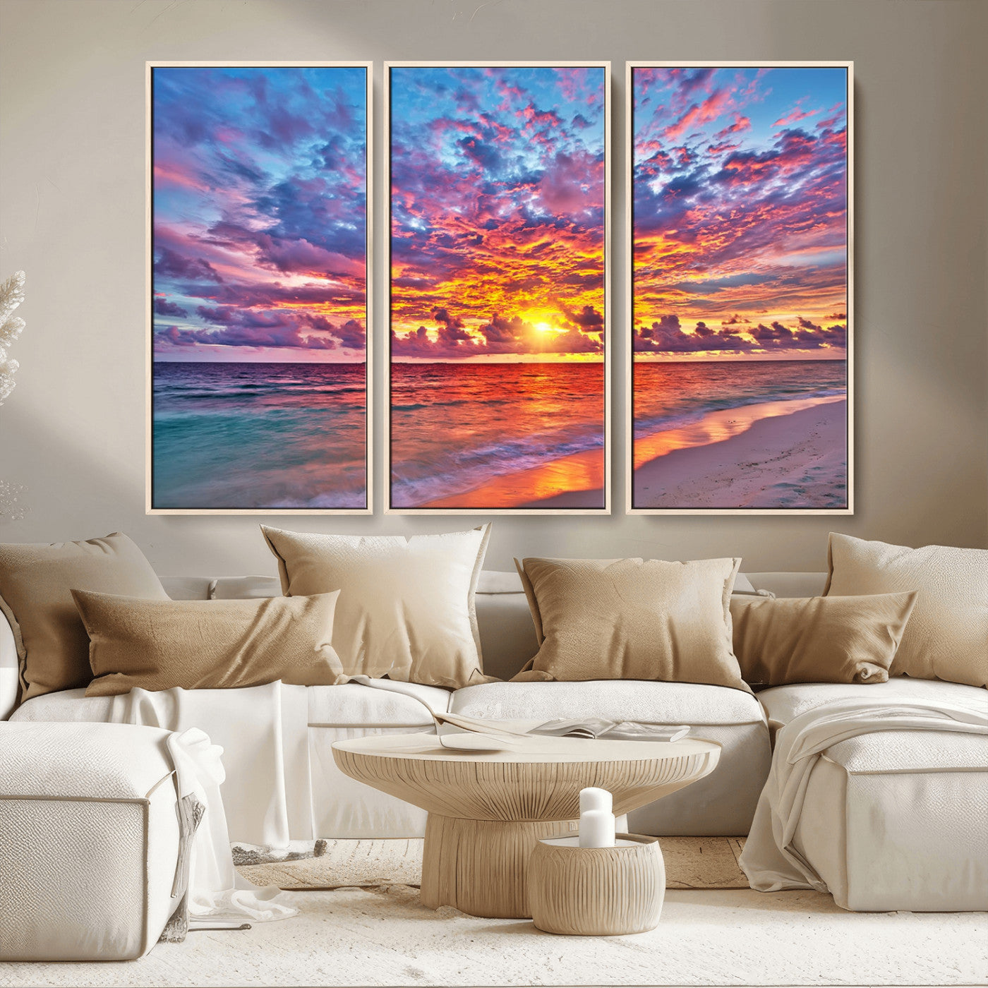 72836-MGV-CV-36X24-Fiery Sunset Beach Wall Art – Panoramic Vibrant Ocean Canvas Print, Dramatic Coastal Decor for Living Room, Bedroom or Office