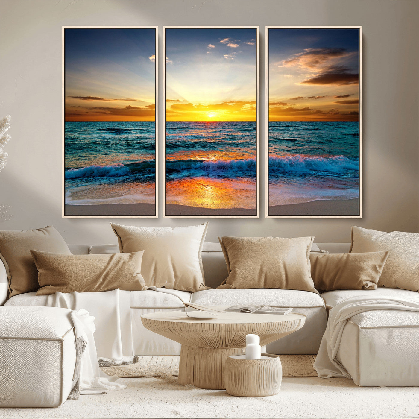 50627-MGV-CV-36X24-Ocean Sunset Wall Art – Serene Beach Canvas Print with Waves and Golden Sky, Coastal Decor for Living Room or Office