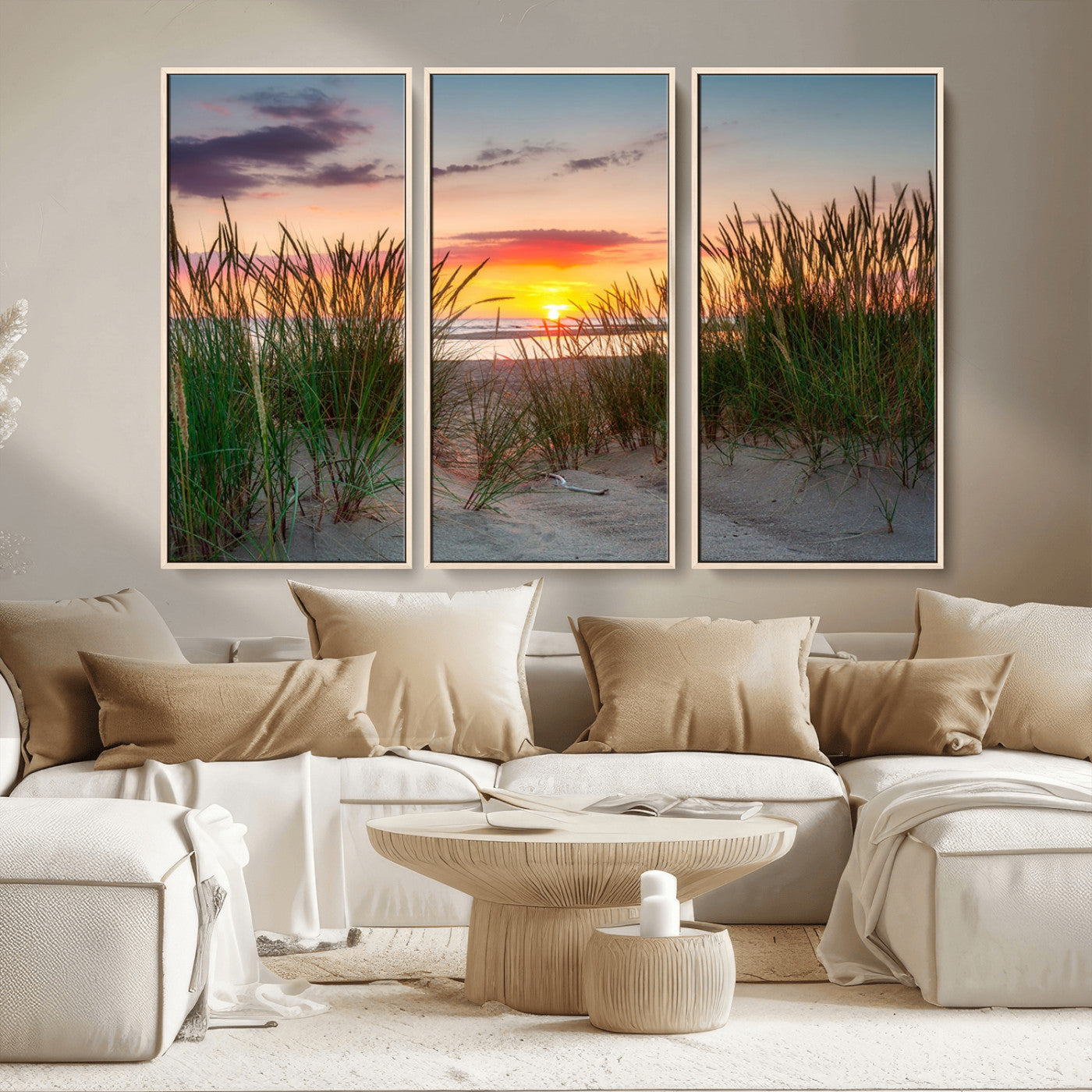 25576-MGV-CV-36X24-Beach Grass Sunset Wall Art – Coastal Sand Dune Landscape Canvas Print, Ocean View Nature Decor for Living Room or Office Wall