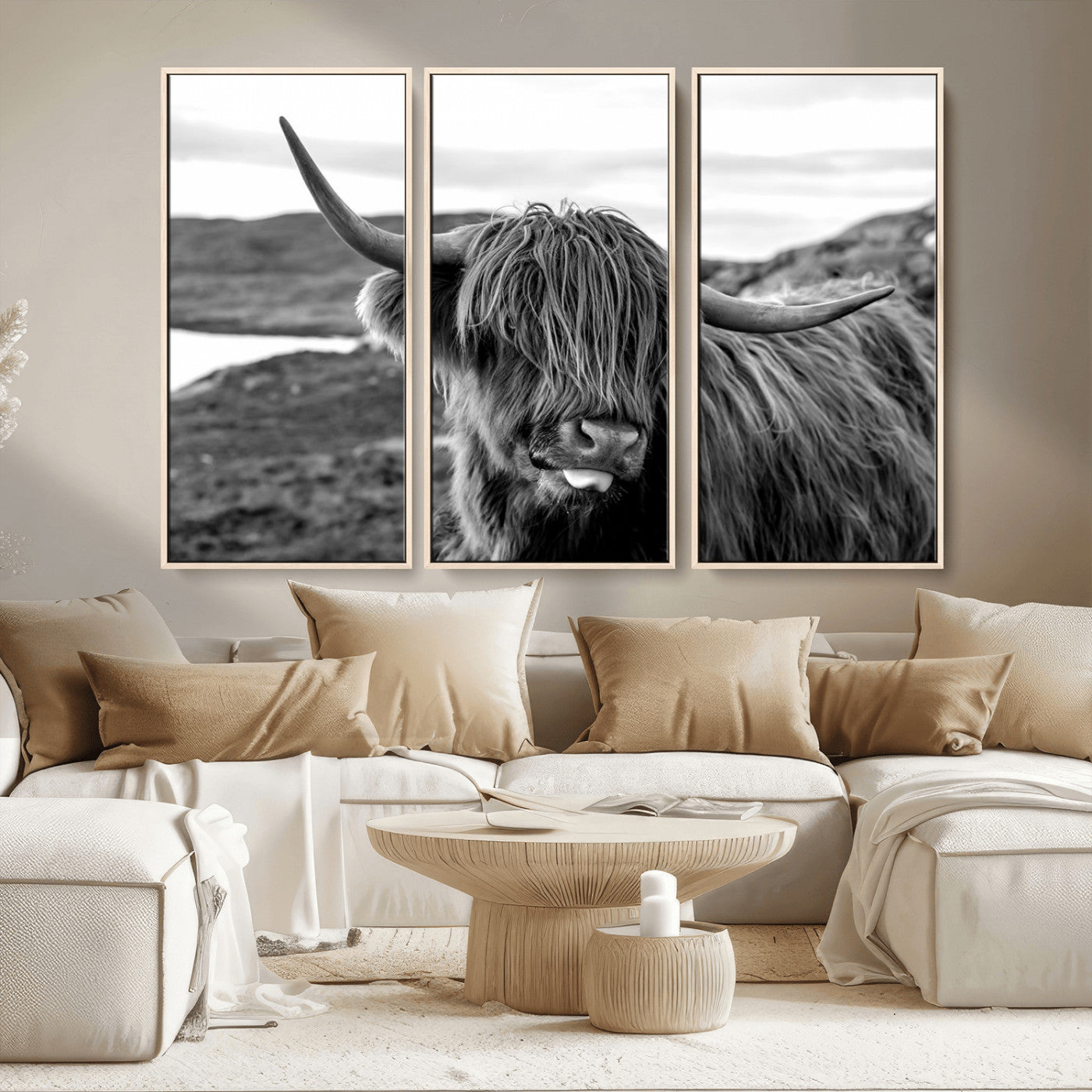 83810-MGV-CV-36X24-Highland Cow Wall Art – Black and White Highland Cattle Print, Rustic Farmhouse Animal Decor for Living Room