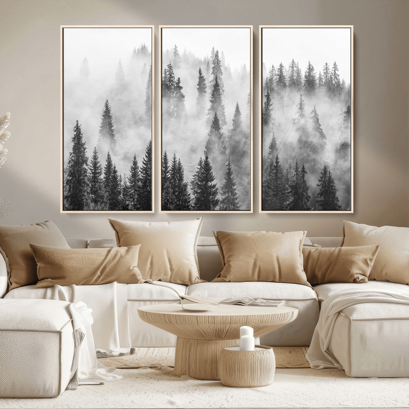 10422-MGV-CV-36X24-Misty Pine Forest Wall Art – Black and White Foggy Landscape Canvas Print, Serene Nature Woodland Decor for Bedroom, Office or