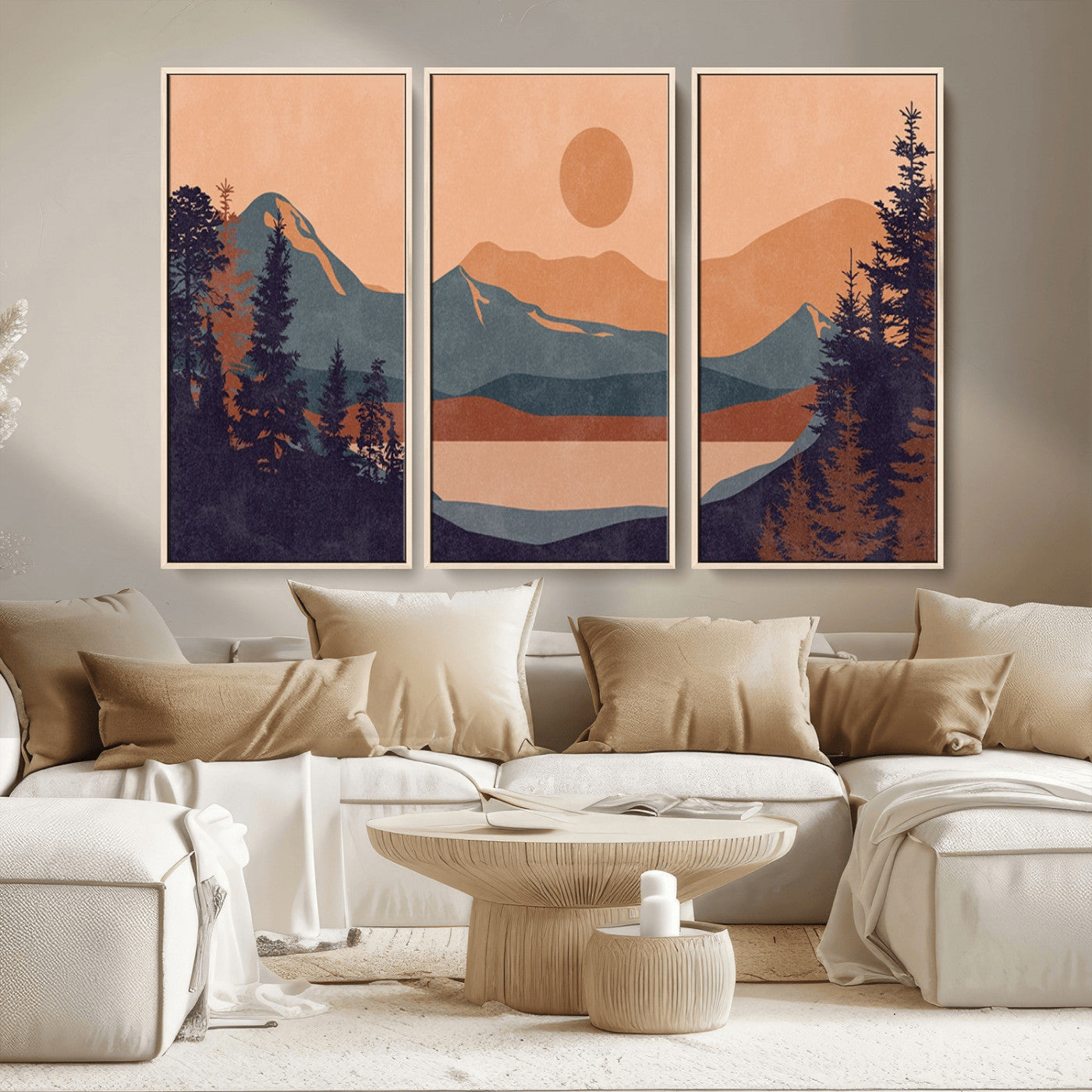 62795-MGV-CV-36X24-Minimalist Mountain Landscape Wall Art – Abstract Sunset Over Peaks and Pine Trees Canvas Print, Modern Nature Decor for Living