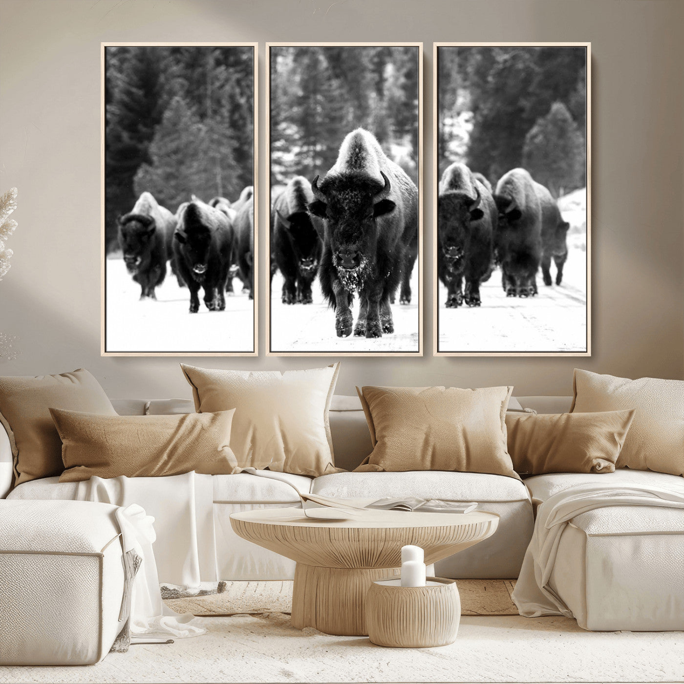 62434-MGV-CV-36X24-Bison Herd Wall Art – Majestic Black and White Buffalo Canvas Print, Wildlife Nature Photography Decor for Living Room, Office or