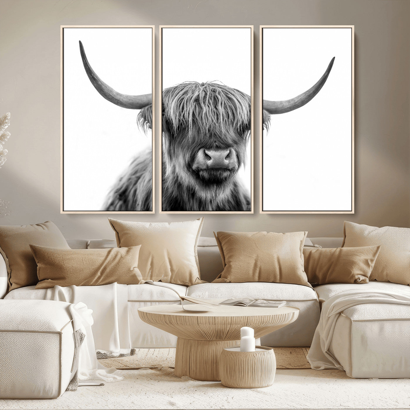 10123-MGV-CV-36X24-Black and White Highland Cow Wall Art – Modern Farmhouse Animal Print, Rustic Scottish Bull Canvas Decor for Living Room, Bedroom,