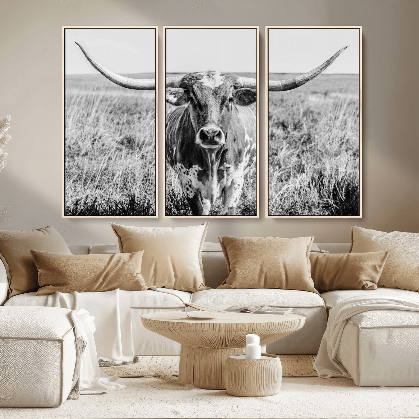 77320-MGV-CV-36X24-Texas Longhorn Wall Art – Black and White Western Cattle Canvas Print, Rustic Farmhouse Animal Photography Decor for Living Room,