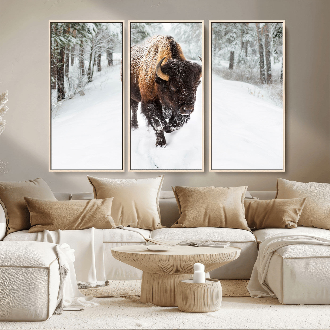 10109-MGV-CV-36X24-Majestic Bison Winter Wall Art – Snowy Forest Buffalo Canvas Print, Rustic Wildlife Photography Decor for Cabin, Lodge, Living