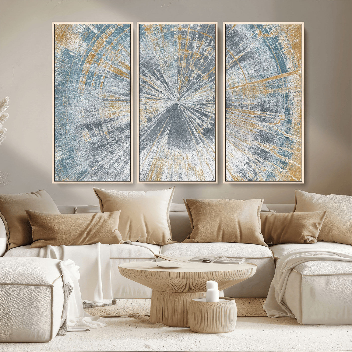 17631-MGV-CV-36X24-Radiant Burst Wall Art – Abstract Sunburst Canvas Print in Blue and Gold, Modern Geometric Painting for Living Room, Office or