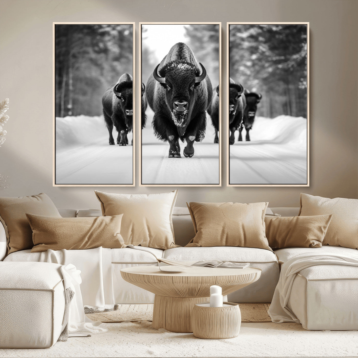 45287-MGV-CV-36X24-Bison Herd Wall Art – Black and White Buffalo Snow Road Canvas Print, Rustic Wildlife Decor for Cabin, Lodge or Living Room