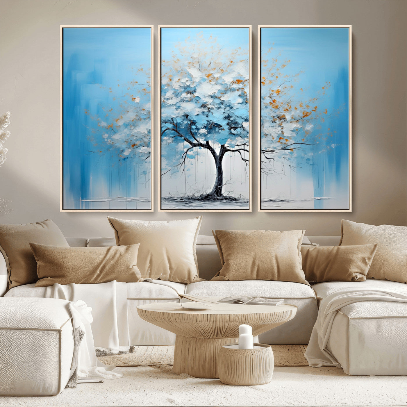 25021-MGV-CV-36X24-Abstract Tree Wall Art – Blue and White Canvas Painting with Gold Accents, Modern Nature-Inspired Artwork for Living Room, Bedroom