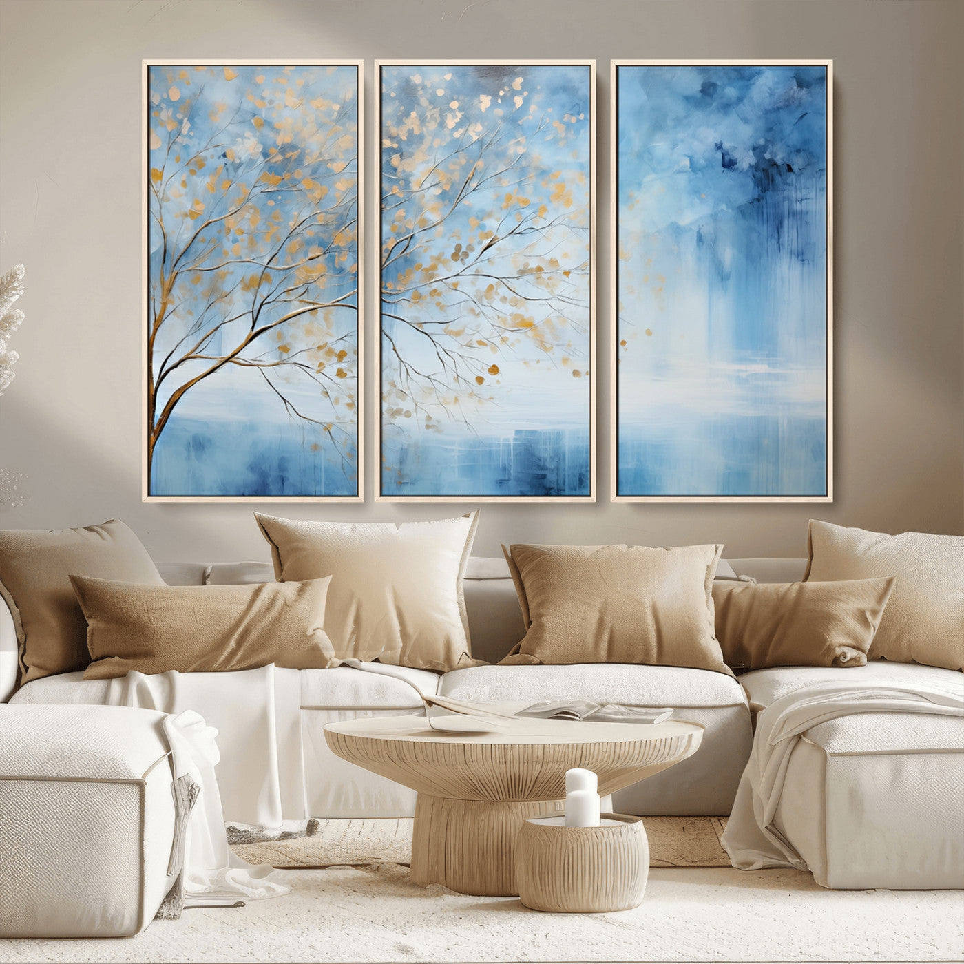 23891-MGV-CV-36X24-Abstract Tree Wall Art – Minimalist Blue and Gold Canvas Painting, Elegant Nature-Inspired Artwork for Living Room, Bedroom or