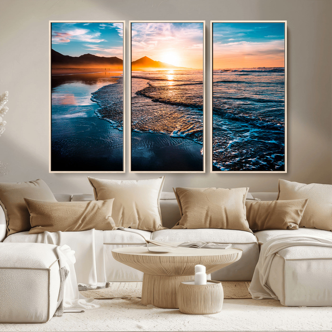 26494-MGV-CV-36X24-Ocean Sunset Wall Art – Scenic Beach Canvas Print with Waves and Mountains, Coastal Seascape Photography for Living Room, Bedroom