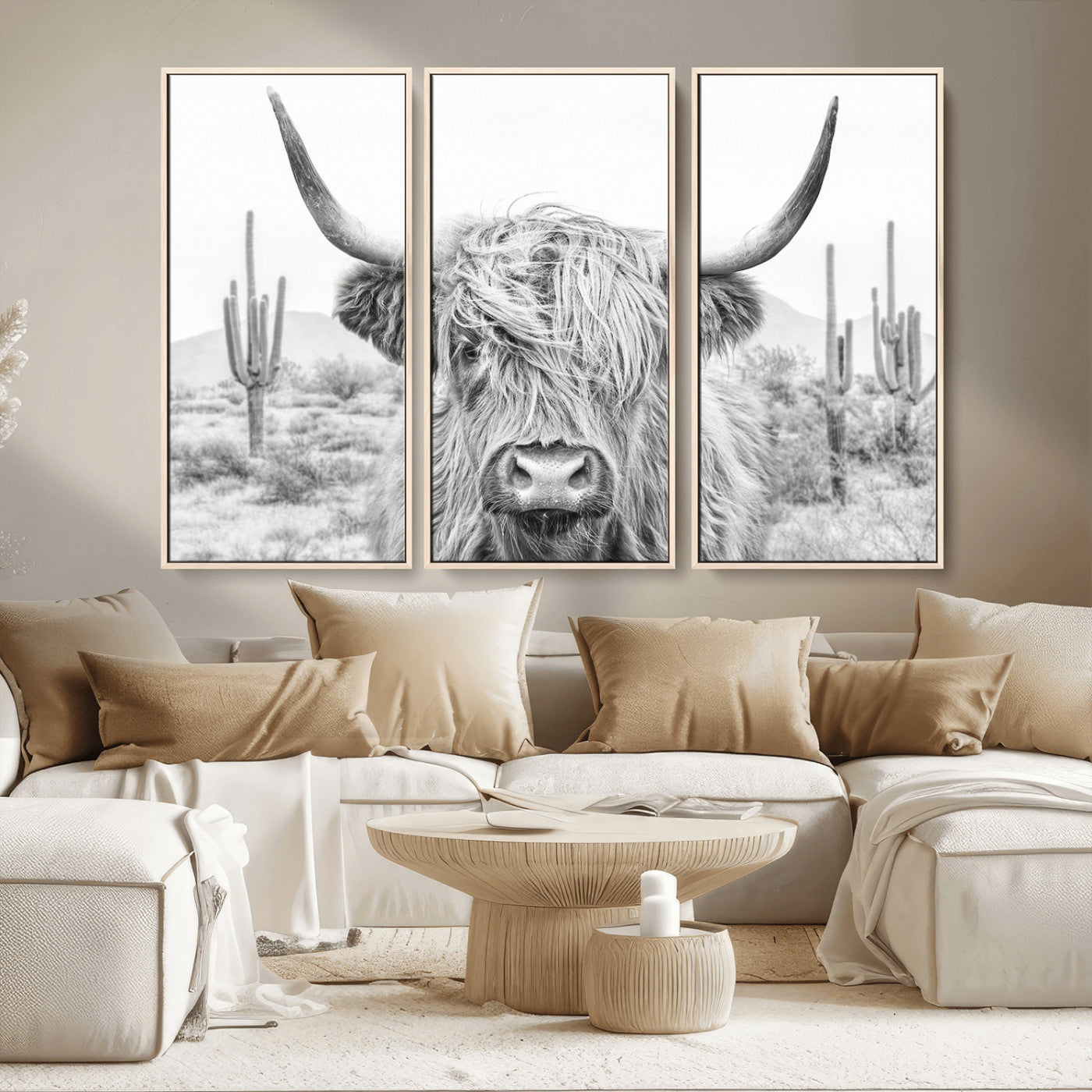 94579-MGV-CV-36X24-Highland Cow Wall Art – Black and White Longhorn Canvas Print, Rustic Western Farmhouse Animal Photography for Living Room,