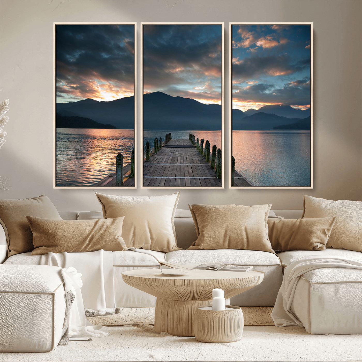 20442-MGV-CV-36X24-Lakeside Sunset Dock Wall Art – Peaceful Mountain Lake Canvas Print, Serene Nature Landscape Decor for Living Room, Bedroom or