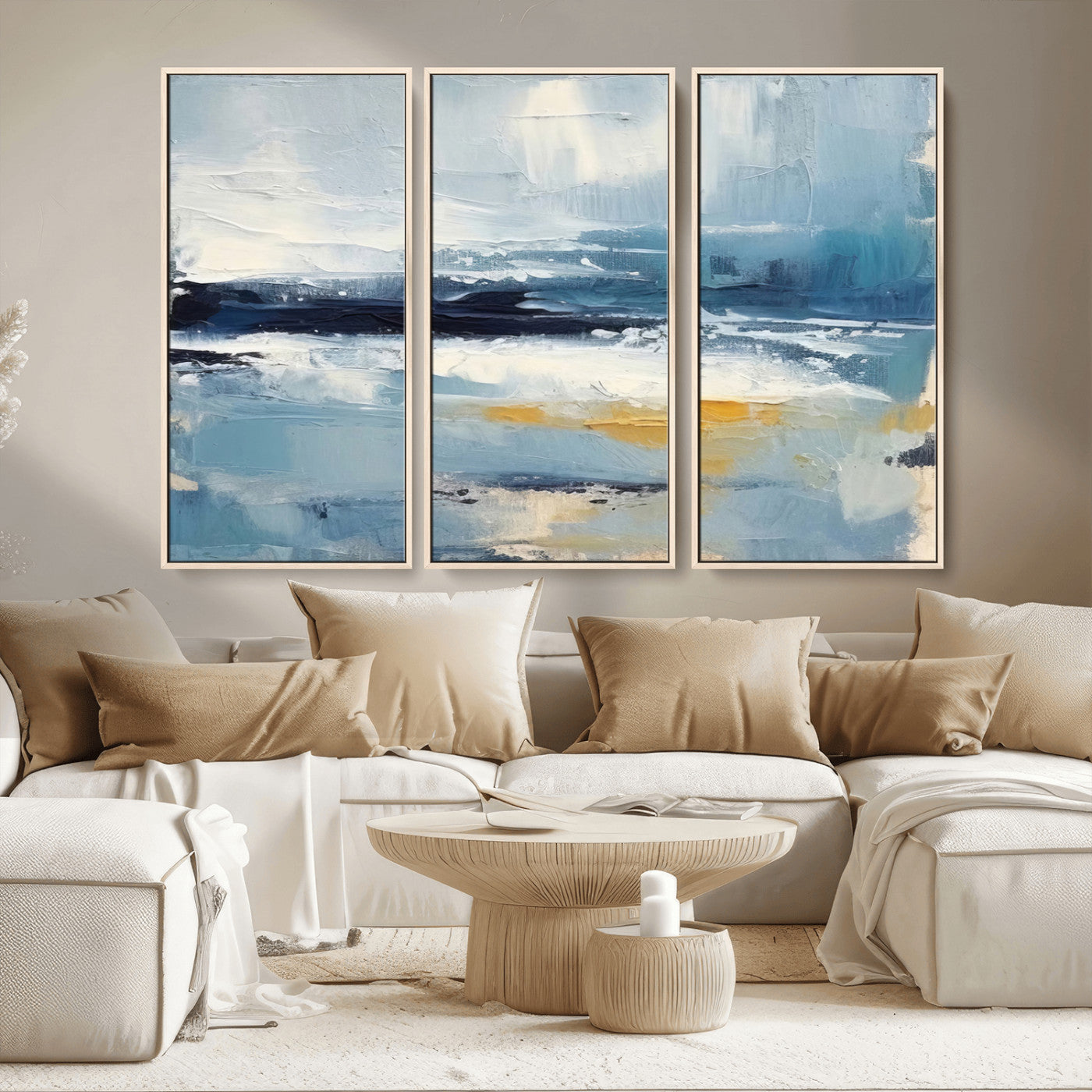 19746-MGV-CV-36X24-Abstract Ocean Wall Art – Modern Coastal Canvas Print with Blue, White and Gold Textures, Contemporary Seascape Painting for