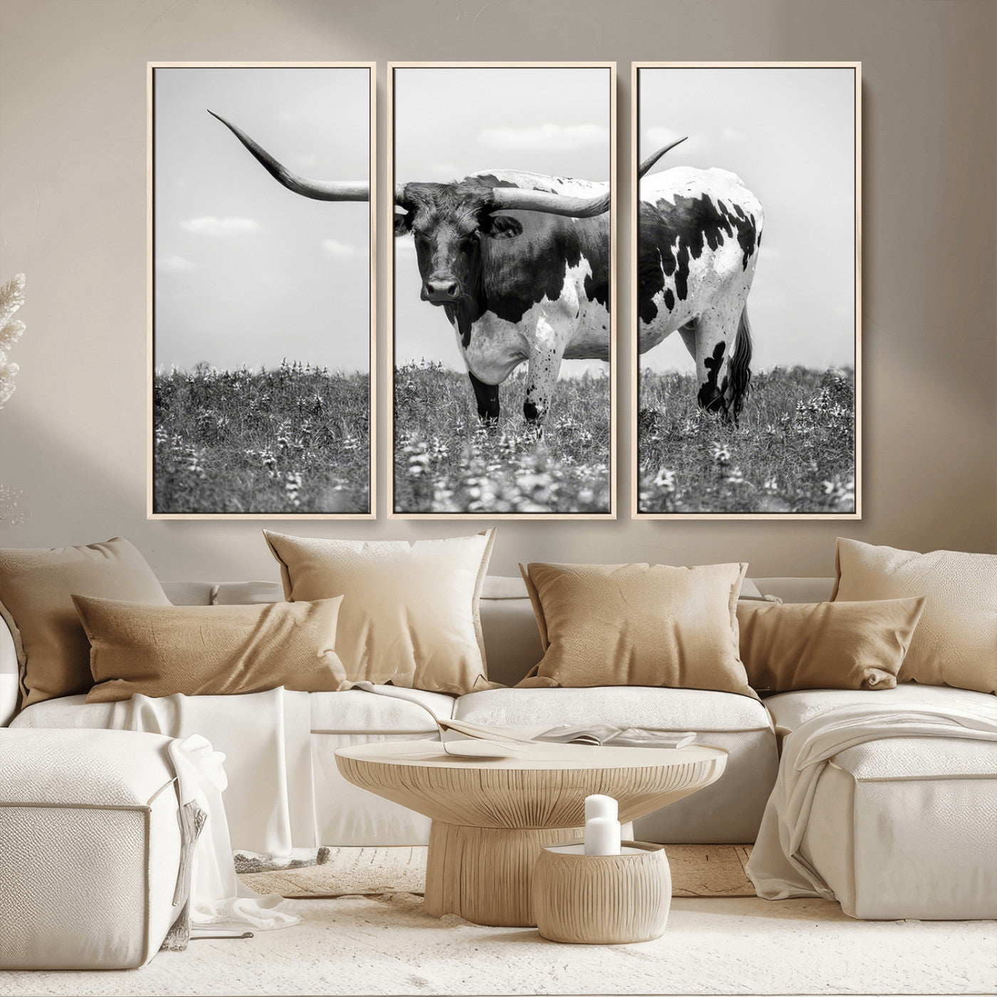 94709-MGV-CV-36X24-Texas Longhorn Wall Art – Black and White Bull Photography Canvas Print, Western Farmhouse Wall Decor for Living Room, Office or