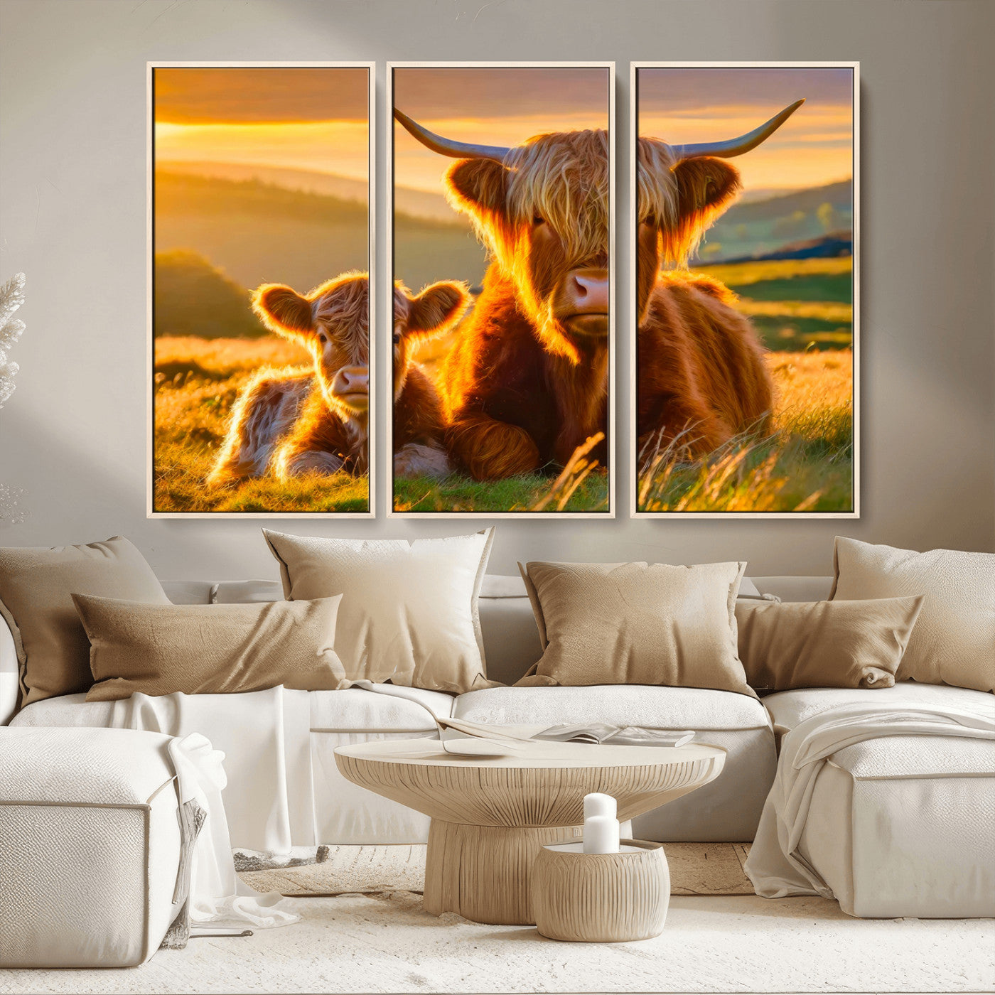 20567-MGV-CV-36X24-Highland Cow and Calf Wall Art – Rustic Farmhouse Sunset Cattle Canvas Print, Country Animal Artwork for Living Room, Bedroom, or
