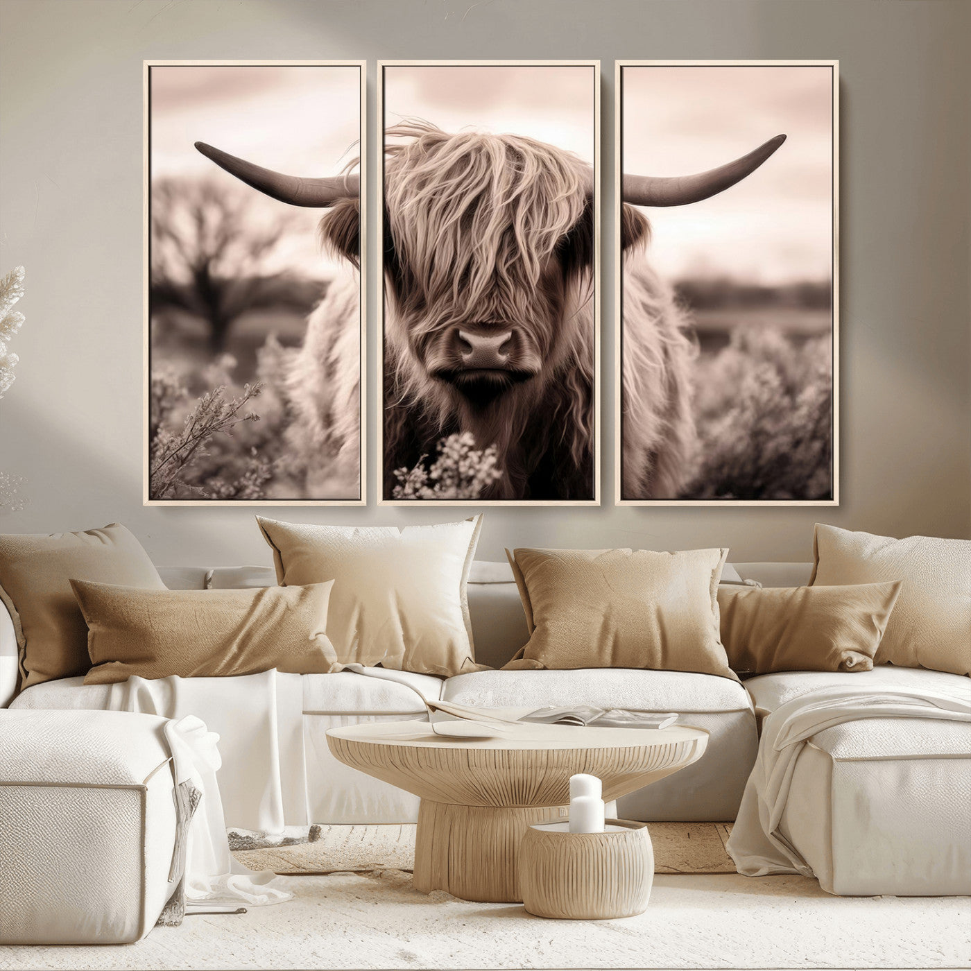 55903-MGV-CV-36X24-Highland Cow Wall Art – Rustic Sepia Scottish Highland Bull Canvas Print, Farmhouse Country Animal Decor for Living Room, Bedroom