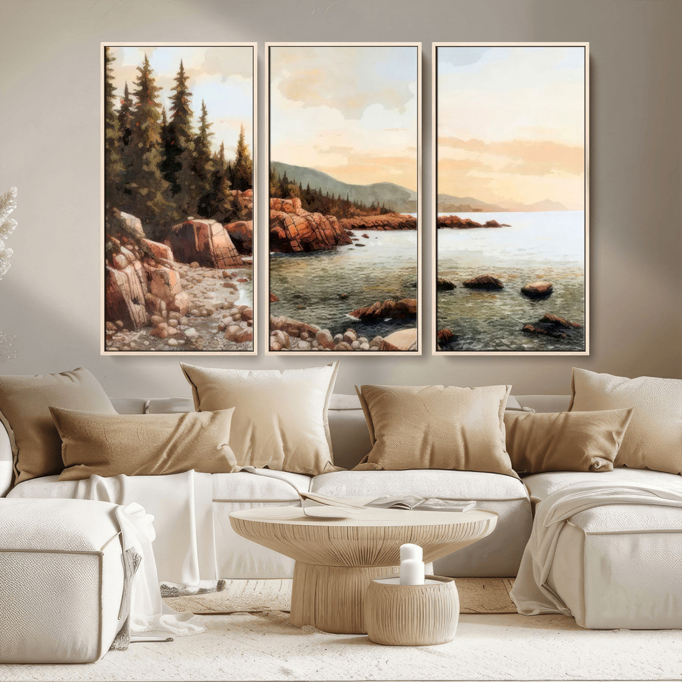 77145-MGV-CV-36X24-Coastal Landscape Wall Art – Panoramic Rocky Shoreline and Pine Trees Canvas Print, Rustic Nature Decor for Cabin, Lodge, Office,
