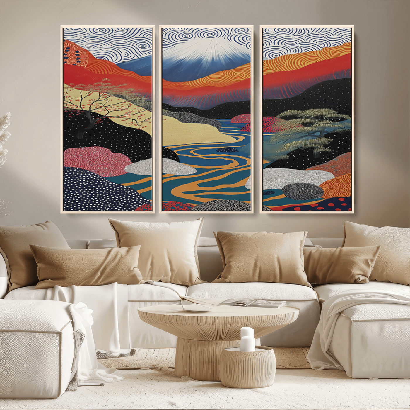 22313-MGV-CV-36X24-Yayoi Kusama Wall Art – Abstract Mount Fuji Landscape Canvas Print, Vibrant Japanese Nature Scene with River, Mountains and Sky