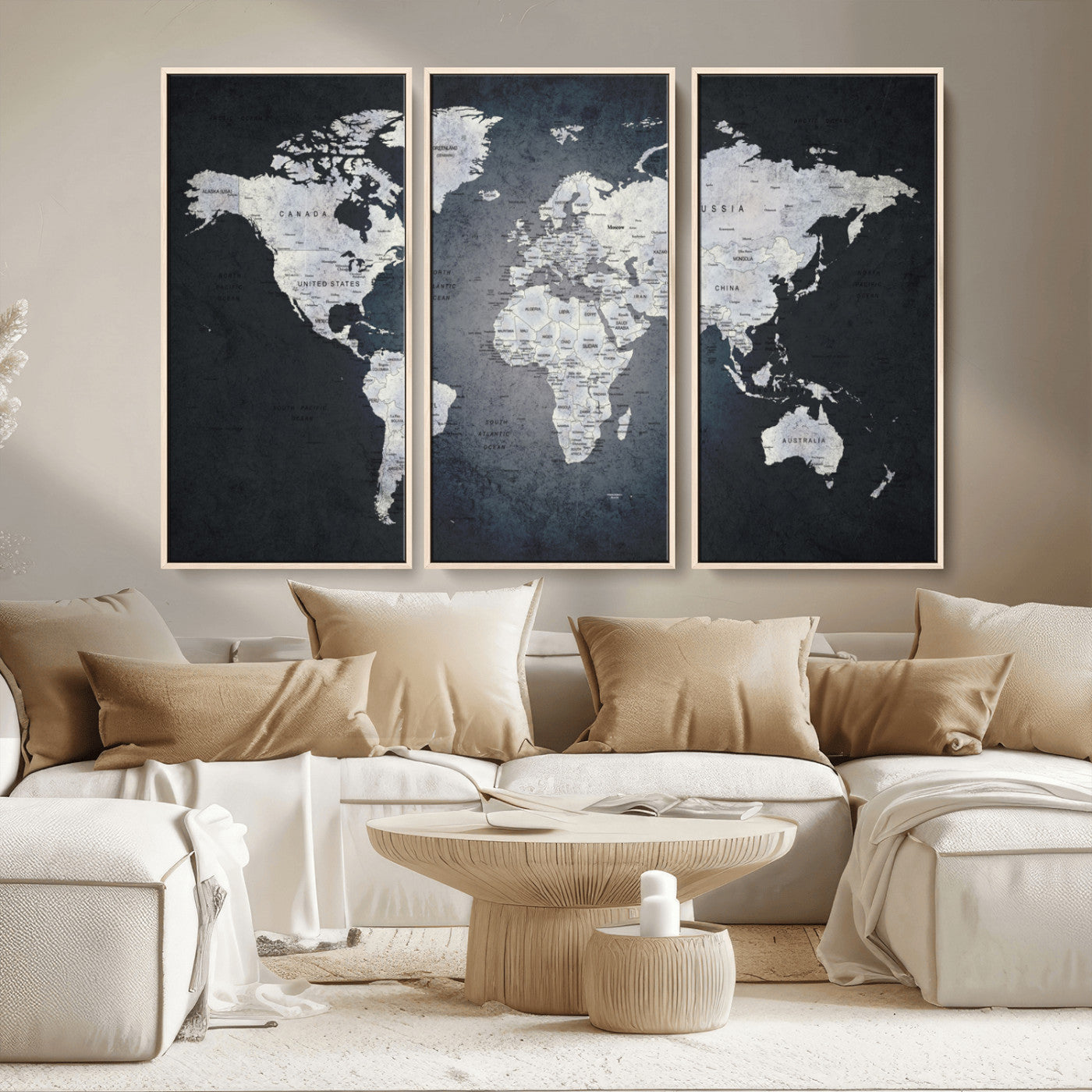 19124-MGV-CV-36X24-Modern World Map Wall Art – Black and White Canvas Print, Minimalist Global Map Decor for Office, Study, Bedroom or Living Room