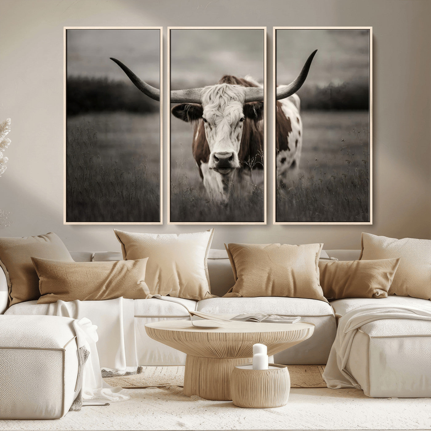 69238-MGV-CV-36X24-Longhorn Bull Wall Art – Rustic Black and White Texas Cattle Canvas Print, Western Farmhouse Animal Photography for Living Room,