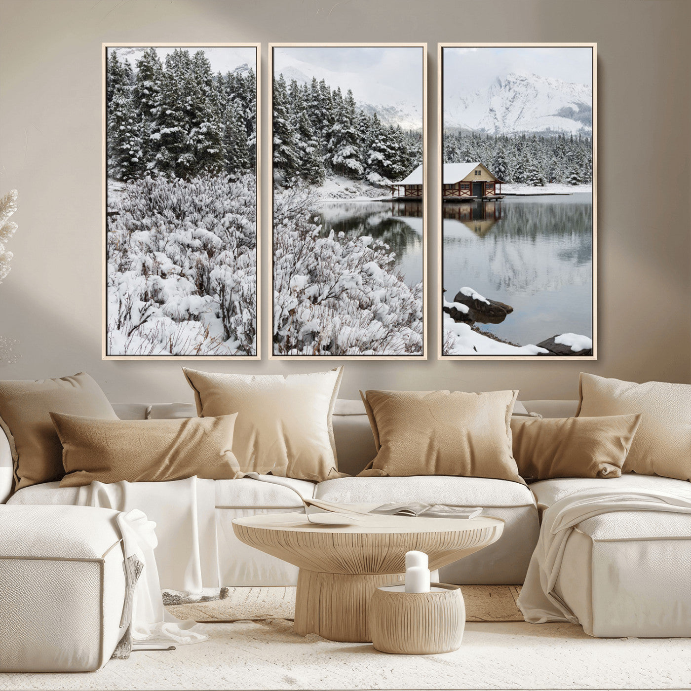29975-MGV-CV-36X24-Winter Cabin by the Lake Wall Art – Snowy Mountain Landscape Canvas Print, Rustic Lodge Cabin Decor for Cozy Living Room, Bedroom