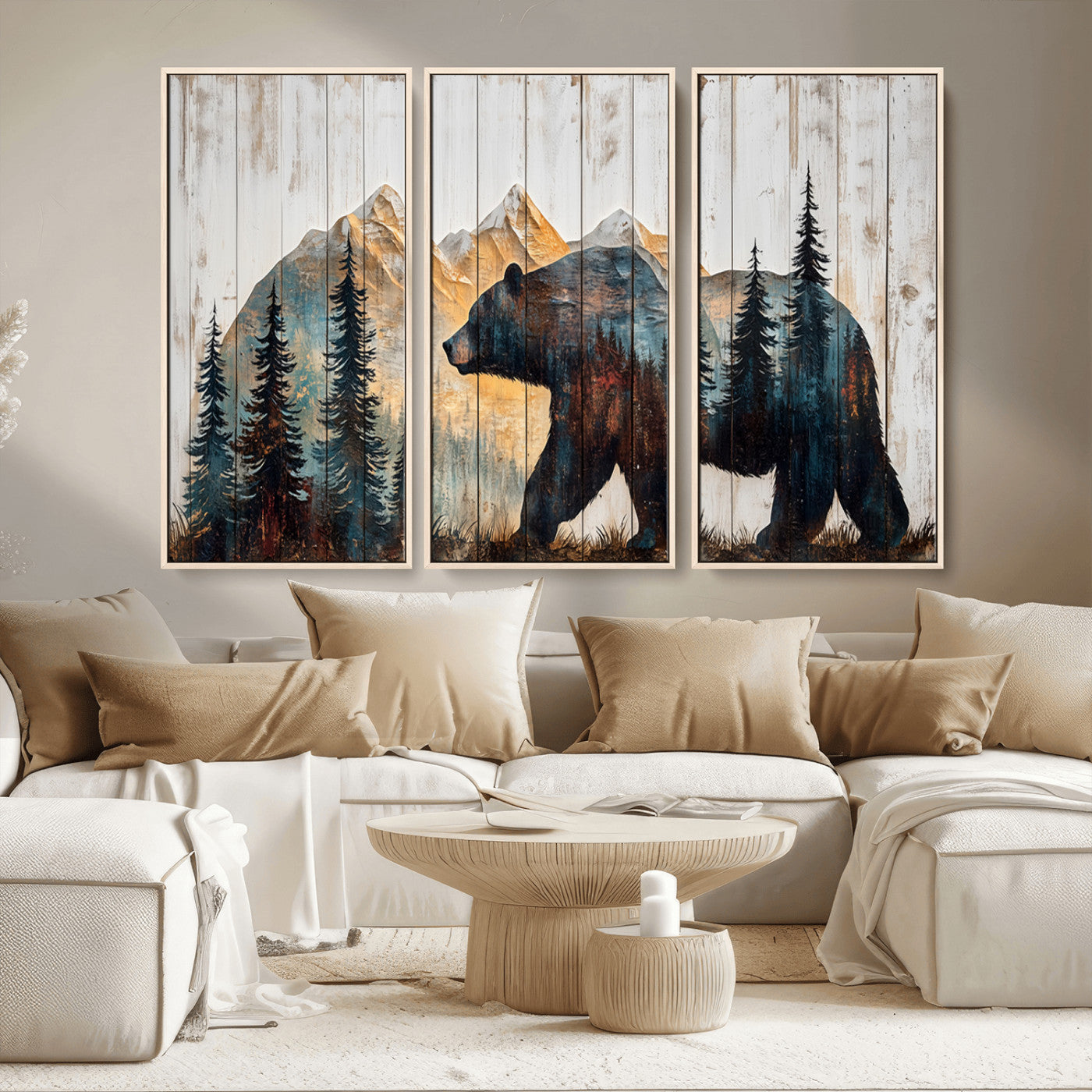 90077-MGV-CV-36X24-Wood Grizzly Bear Wall Art Canvas Print, Framed Abstract Bear Art Picture Print, Bear in Forest Perfect Rustic Lodge Decor Artwork