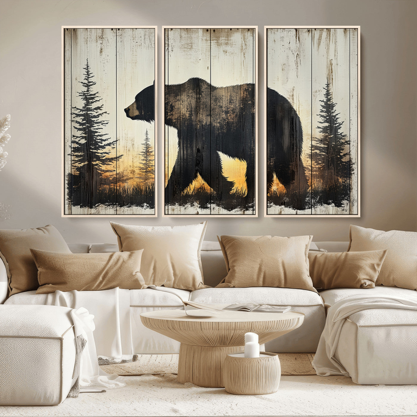 83875-MGV-CV-36X24-Sunset Bear Wall Art – Rustic Wildlife Canvas Print with Forest Silhouette, Cabin Lodge Decor for Living Room or Office