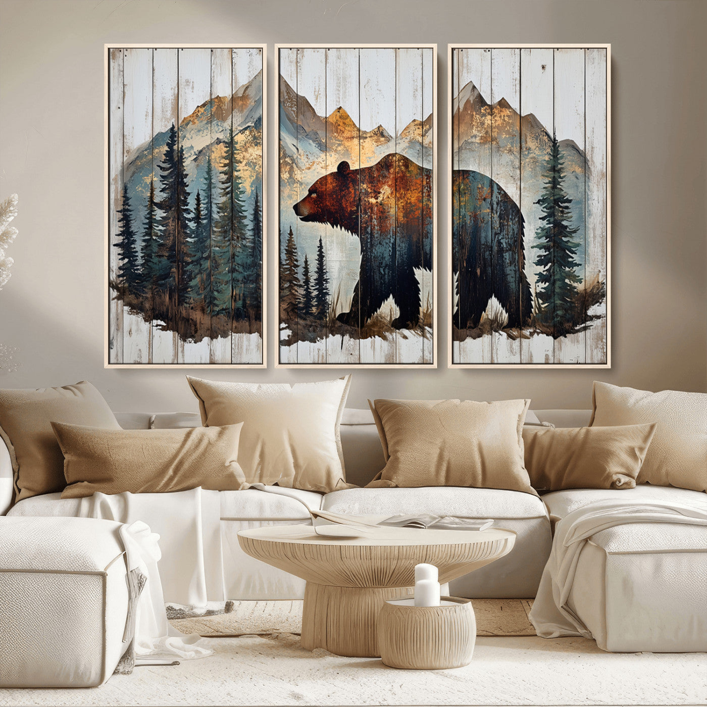 55777-MGV-CV-36X24-Rustic Bear Wall Art Canvas Print, Framed Mountain and Forest Art Picture Print, Wooden Bear Perfect Rustic Lodge Decor Artwork